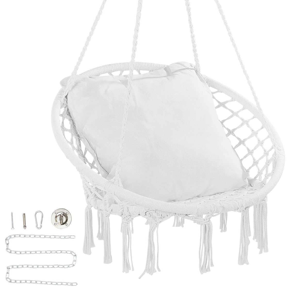 Hanging Hammock Swing Chair, 330 lbs Capacity, Macramé Hanging Chair with Cushion and Mounting Hardware, Cotton Rope Swing Chair for Bedroom, Balcony, Patio, Garden, White