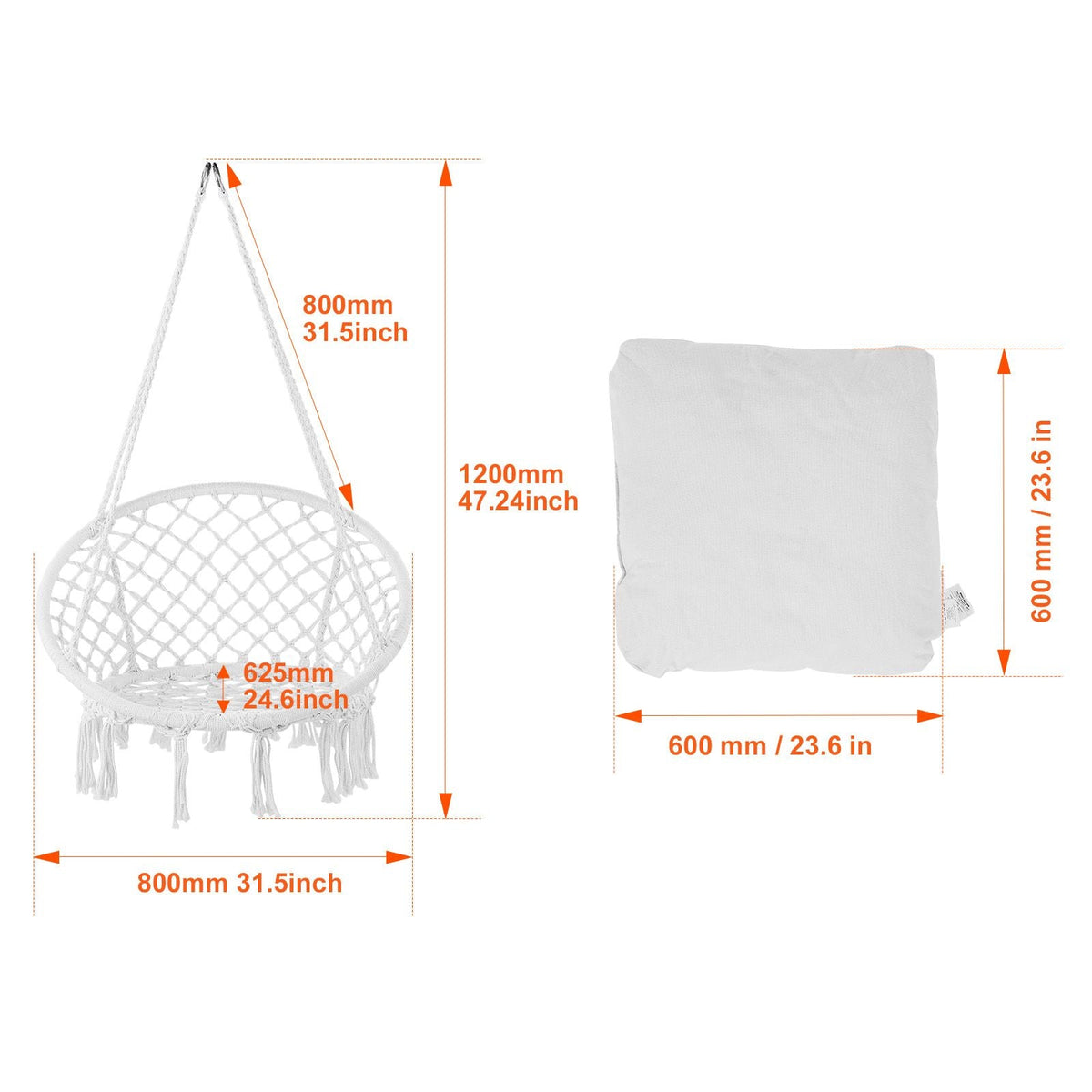 Hanging Hammock Swing Chair, 330 lbs Capacity, Macramé Hanging Chair with Cushion and Mounting Hardware, Cotton Rope Swing Chair for Bedroom, Balcony, Patio, Garden, White