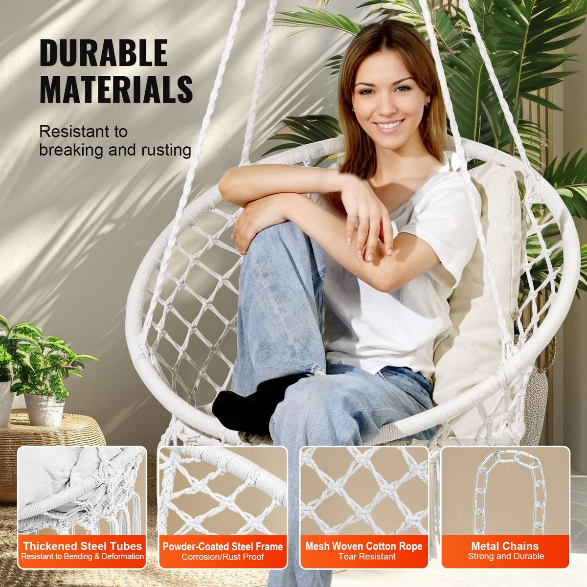 Hanging Hammock Swing Chair, 330 lbs Capacity, Macramé Hanging Chair with Cushion and Mounting Hardware, Cotton Rope Swing Chair for Bedroom, Balcony, Patio, Garden, White