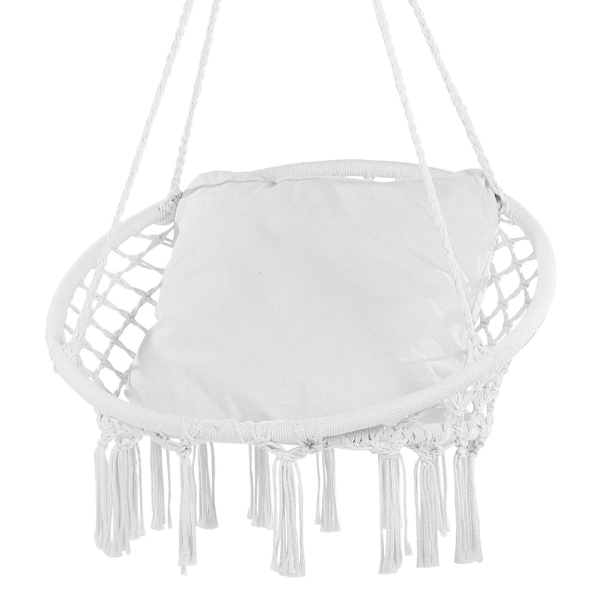 Hanging Hammock Swing Chair, 330 lbs Capacity, Macramé Hanging Chair with Cushion and Mounting Hardware, Cotton Rope Swing Chair for Bedroom, Balcony, Patio, Garden, White