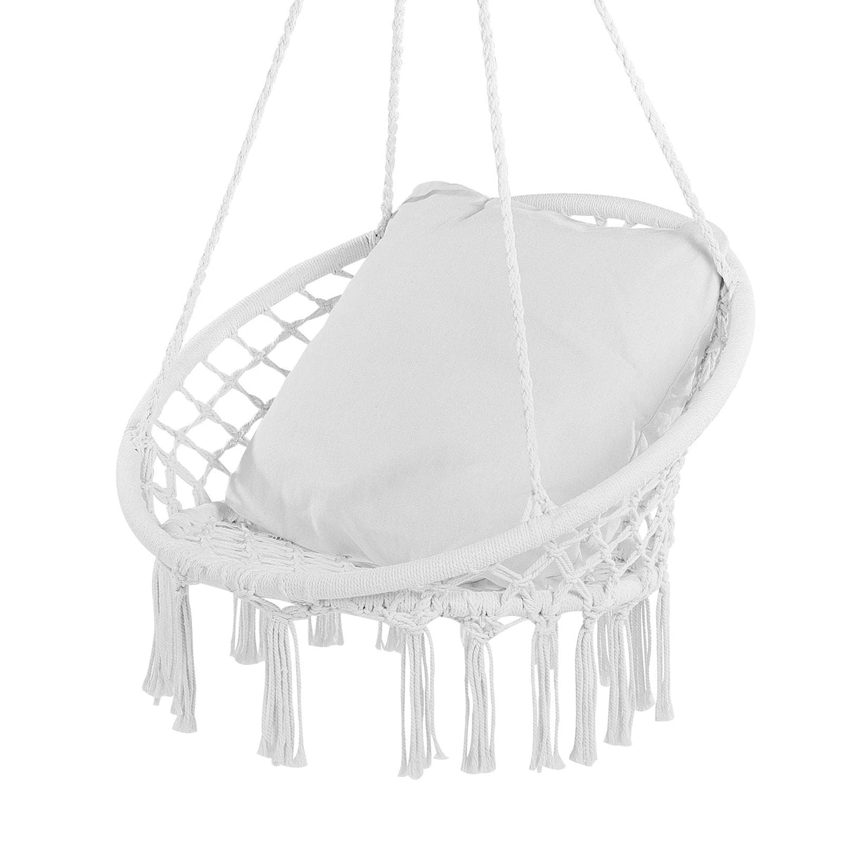 Hanging Hammock Swing Chair, 330 lbs Capacity, Macramé Hanging Chair with Cushion and Mounting Hardware, Cotton Rope Swing Chair for Bedroom, Balcony, Patio, Garden, White
