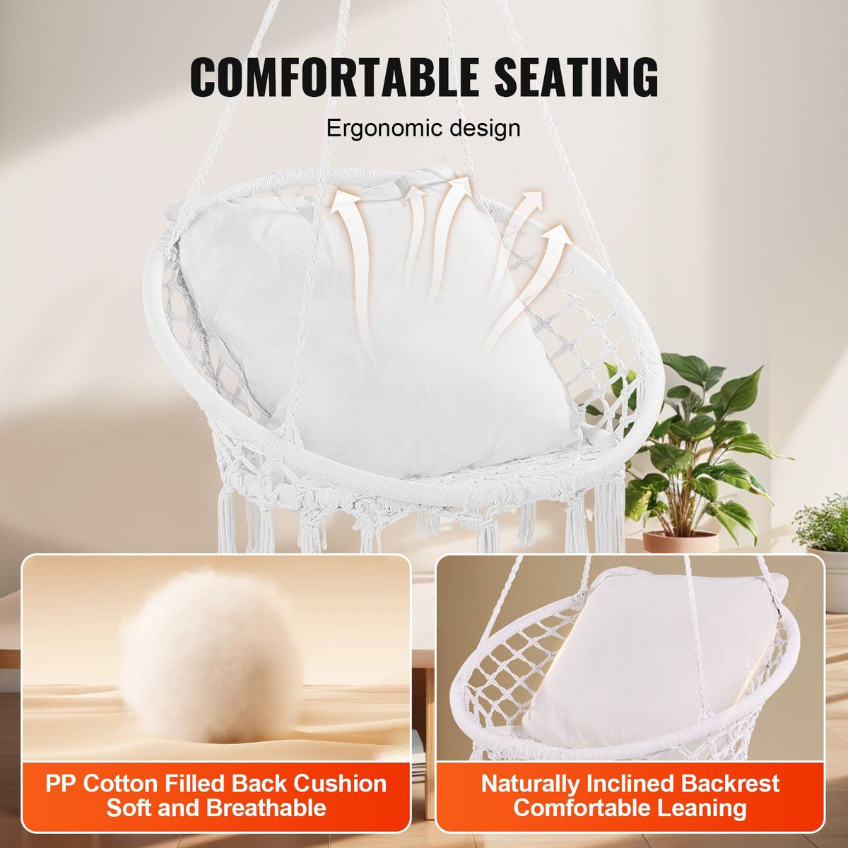 Hanging Hammock Swing Chair, 330 lbs Capacity, Macramé Hanging Chair with Cushion and Mounting Hardware, Cotton Rope Swing Chair for Bedroom, Balcony, Patio, Garden, White