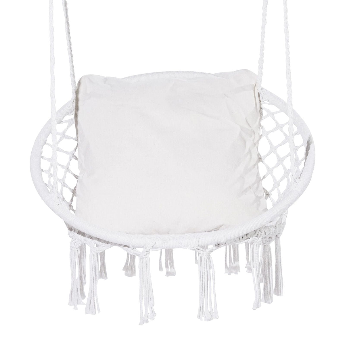 Hanging Hammock Swing Chair, 330 lbs Capacity, Macramé Hanging Chair with Cushion and Mounting Hardware, Cotton Rope Swing Chair for Bedroom, Balcony, Patio, Garden, White