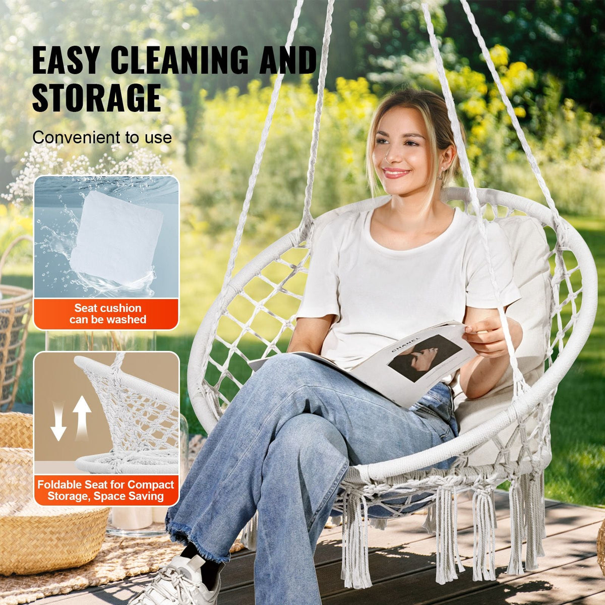 Hanging Hammock Swing Chair, 330 lbs Capacity, Macramé Hanging Chair with Cushion and Mounting Hardware, Cotton Rope Swing Chair for Bedroom, Balcony, Patio, Garden, White