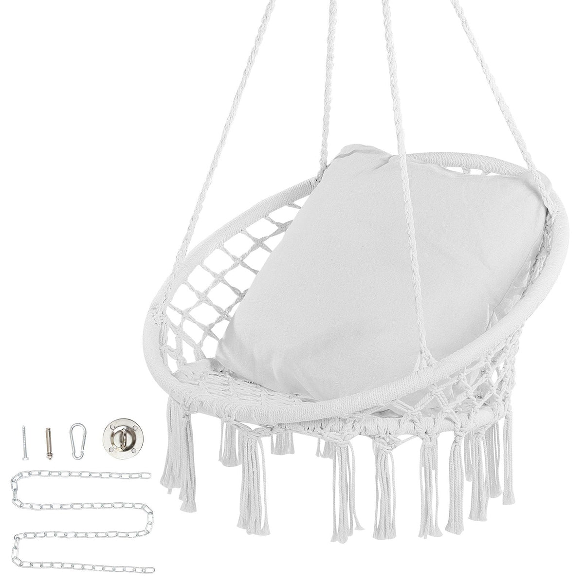 Hanging Hammock Swing Chair, 330 lbs Capacity, Macramé Hanging Chair with Cushion and Mounting Hardware, Cotton Rope Swing Chair for Bedroom, Balcony, Patio, Garden, White