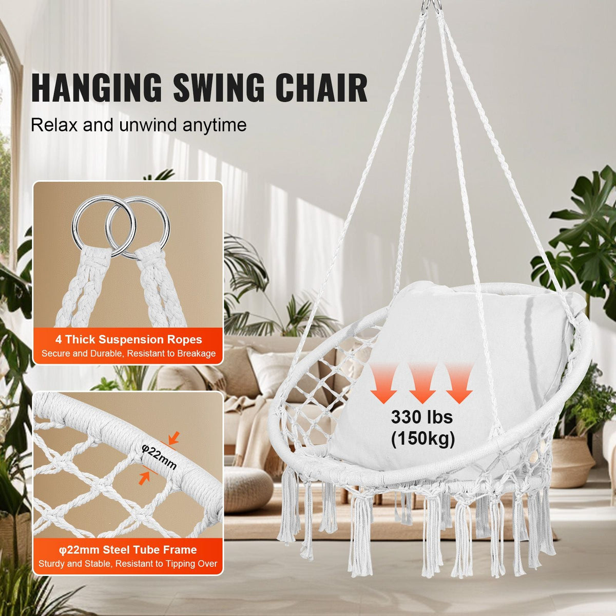 Hanging Hammock Swing Chair, 330 lbs Capacity, Macramé Hanging Chair with Cushion and Mounting Hardware, Cotton Rope Swing Chair for Bedroom, Balcony, Patio, Garden, White
