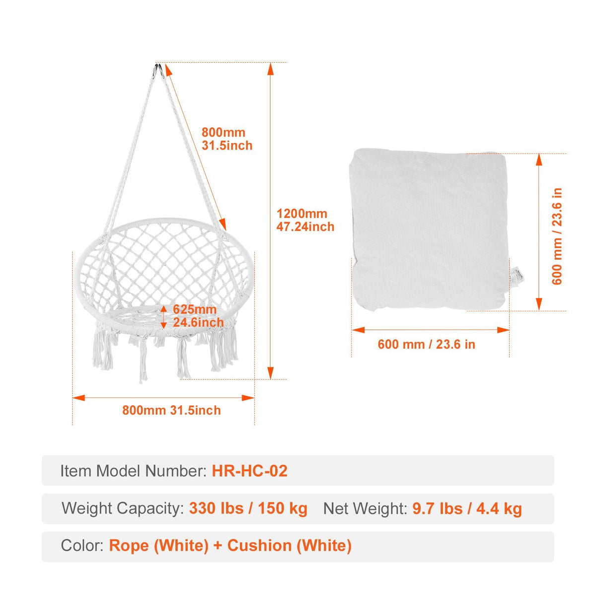 Hanging Hammock Swing Chair, 330 lbs Capacity, Macramé Hanging Chair with Cushion and Mounting Hardware, Cotton Rope Swing Chair for Bedroom, Balcony, Patio, Garden, White