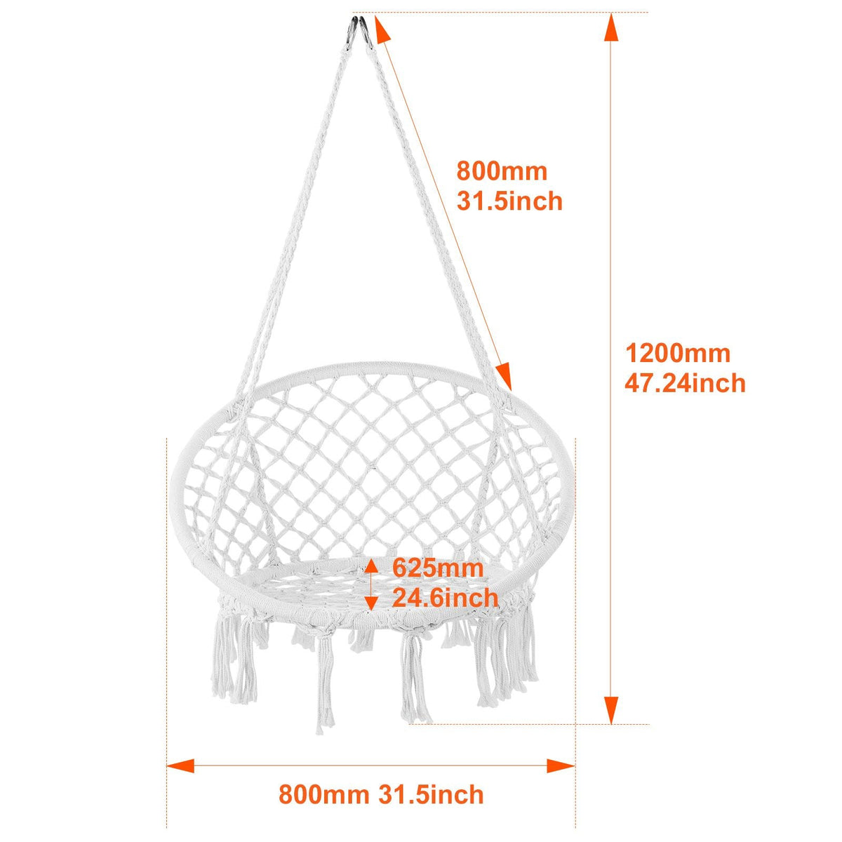 Hanging Hammock Swing Chair, 330 Lbs Capacity, Macramé Hanging Chair with Mounting Hardware, Cotton Rope Swing Chair for Bedroom, Balcony, Patio, Garden, White