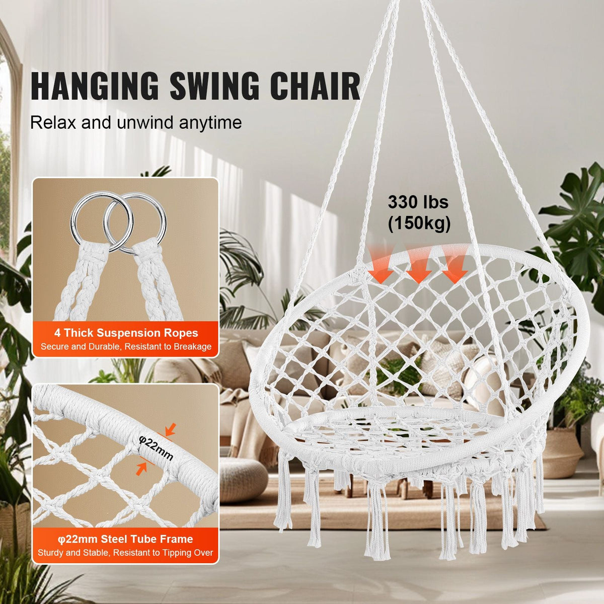 Hanging Hammock Swing Chair, 330 Lbs Capacity, Macramé Hanging Chair with Mounting Hardware, Cotton Rope Swing Chair for Bedroom, Balcony, Patio, Garden, White