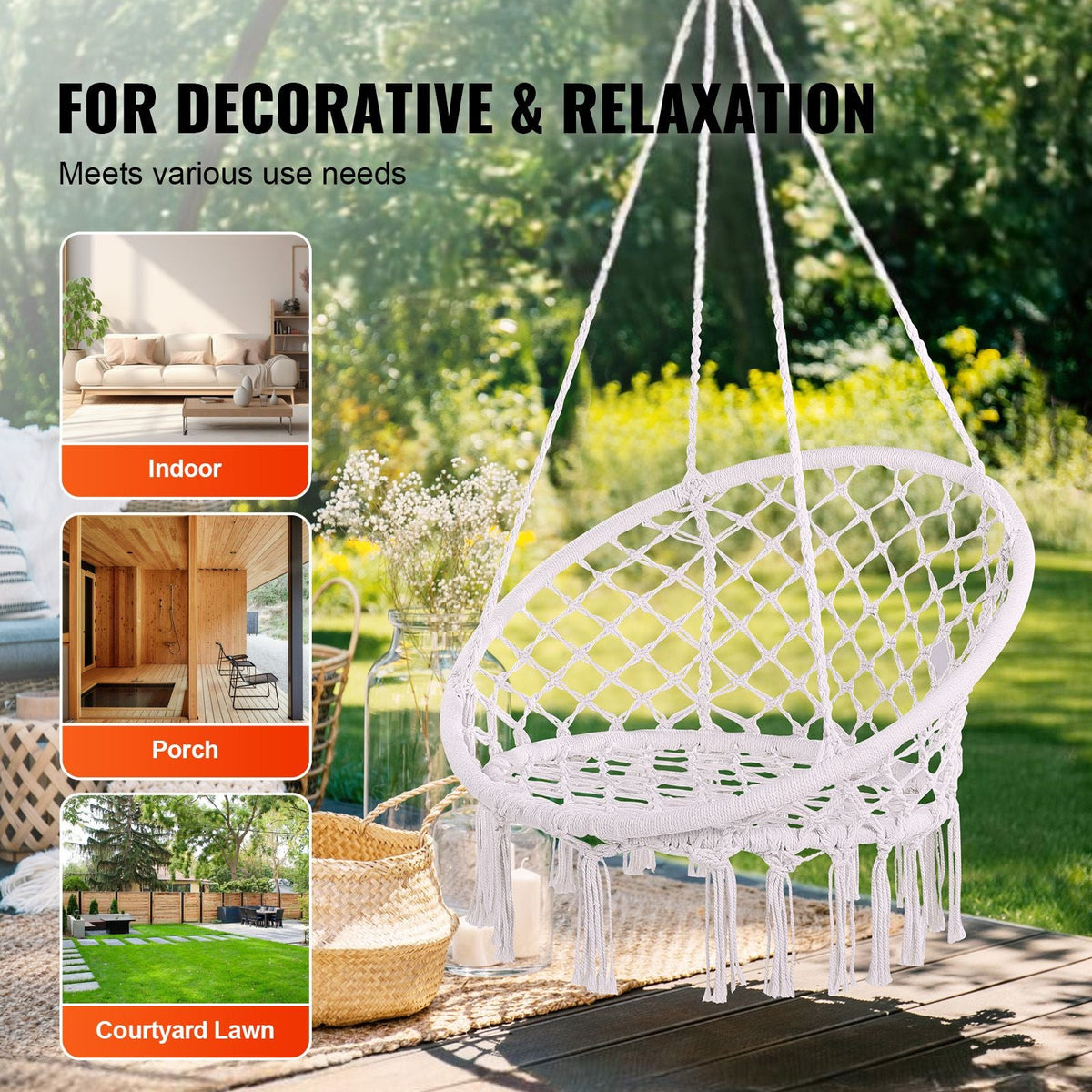 Hanging Hammock Swing Chair, 330 Lbs Capacity, Macramé Hanging Chair with Mounting Hardware, Cotton Rope Swing Chair for Bedroom, Balcony, Patio, Garden, White