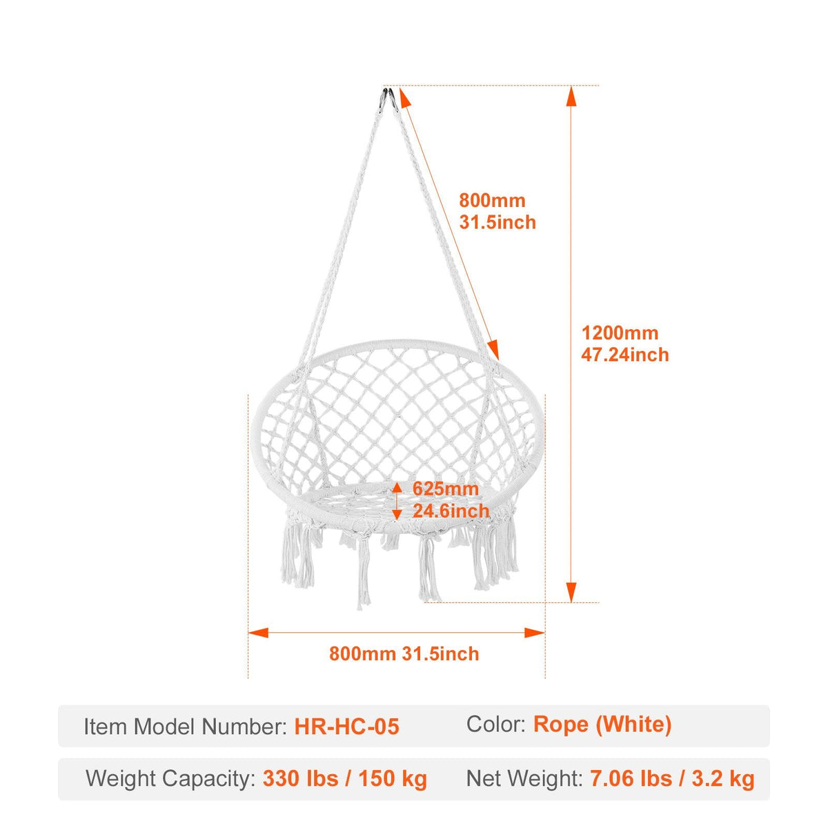 Hanging Hammock Swing Chair, 330 Lbs Capacity, Macramé Hanging Chair with Mounting Hardware, Cotton Rope Swing Chair for Bedroom, Balcony, Patio, Garden, White