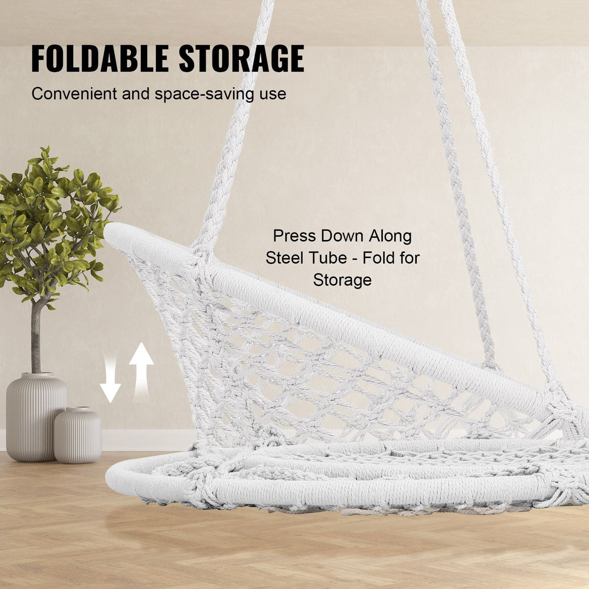 Hanging Hammock Swing Chair, 330 Lbs Capacity, Macramé Hanging Chair with Mounting Hardware, Cotton Rope Swing Chair for Bedroom, Balcony, Patio, Garden, White
