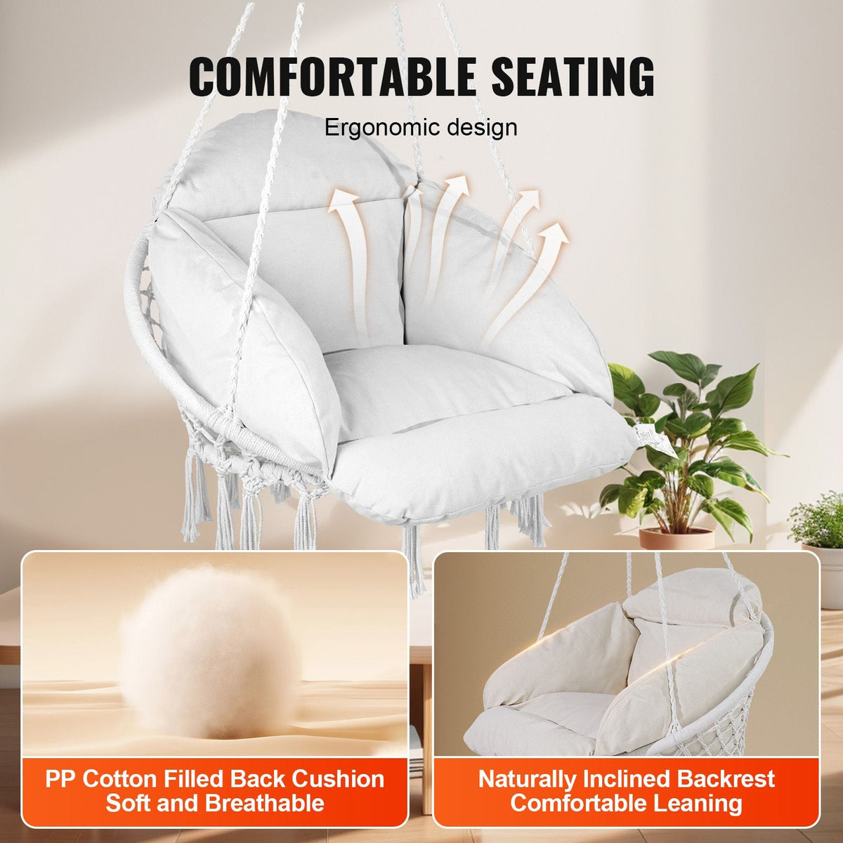 Hanging Hammock Swing Chair, Macramé Hanging Chair with Cushion and Mounting Hardware, Cotton Rope Swing Chair for Bedroom, Balcony, Patio, Garden, 264 lbs Capacity, White