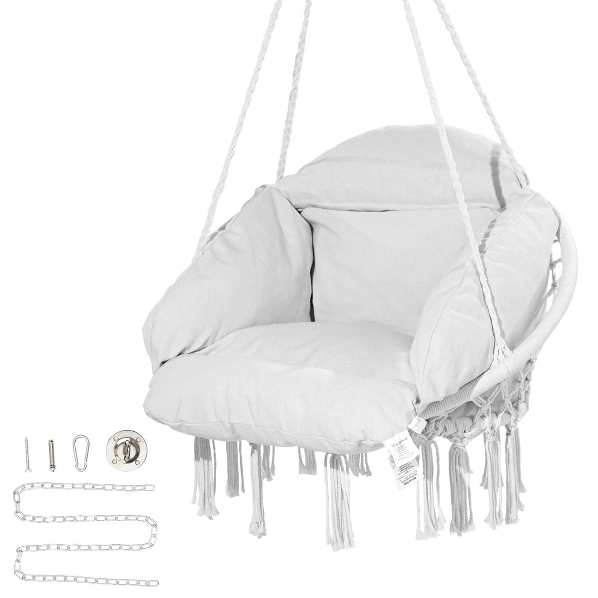Hanging Hammock Swing Chair, Macramé Hanging Chair with Cushion and Mounting Hardware, Cotton Rope Swing Chair for Bedroom, Balcony, Patio, Garden, 264 lbs Capacity, White