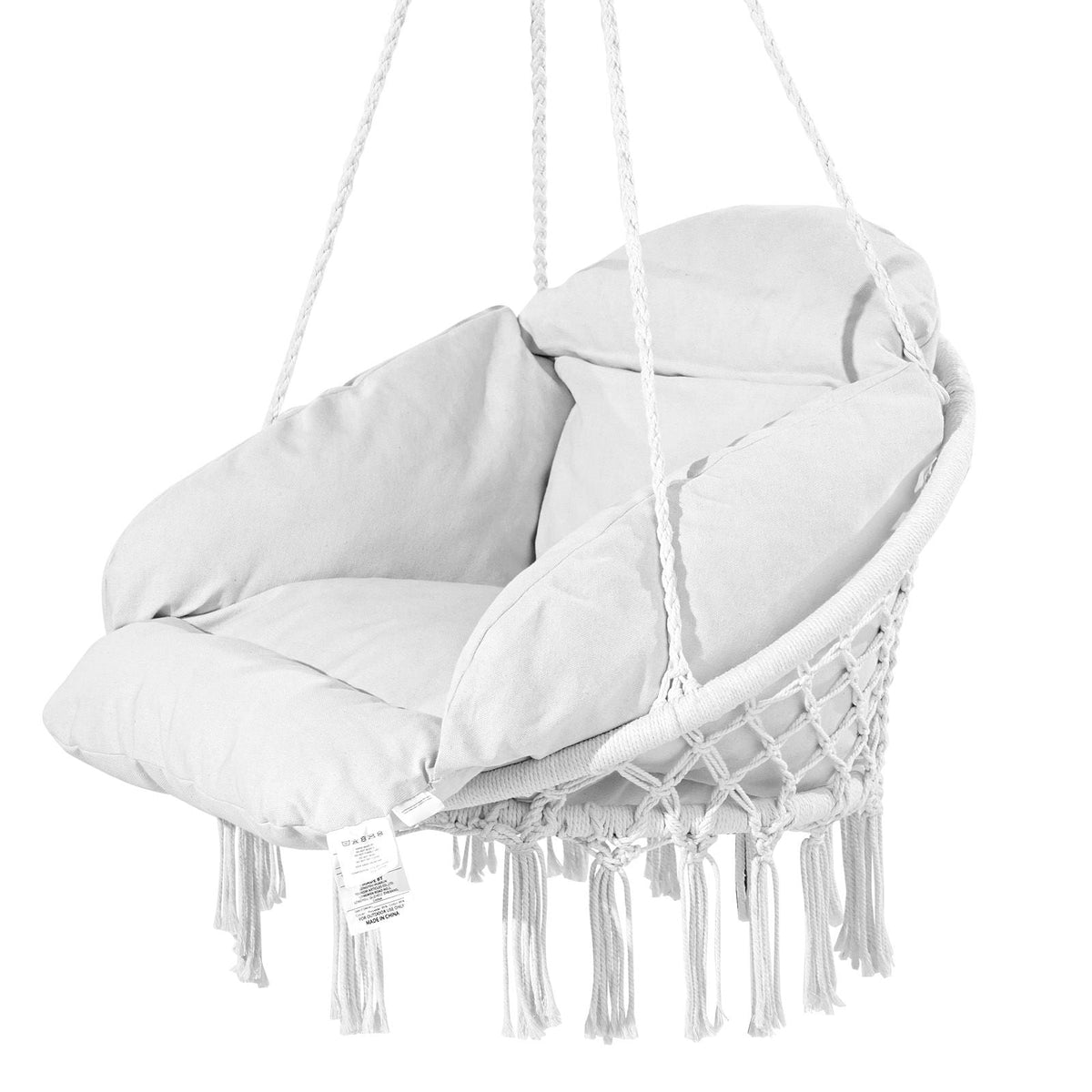 Hanging Hammock Swing Chair, Macramé Hanging Chair with Cushion and Mounting Hardware, Cotton Rope Swing Chair for Bedroom, Balcony, Patio, Garden, 264 lbs Capacity, White