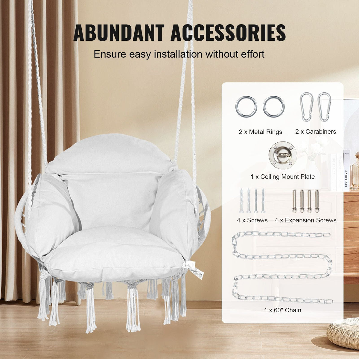 Hanging Hammock Swing Chair, Macramé Hanging Chair with Cushion and Mounting Hardware, Cotton Rope Swing Chair for Bedroom, Balcony, Patio, Garden, 264 lbs Capacity, White