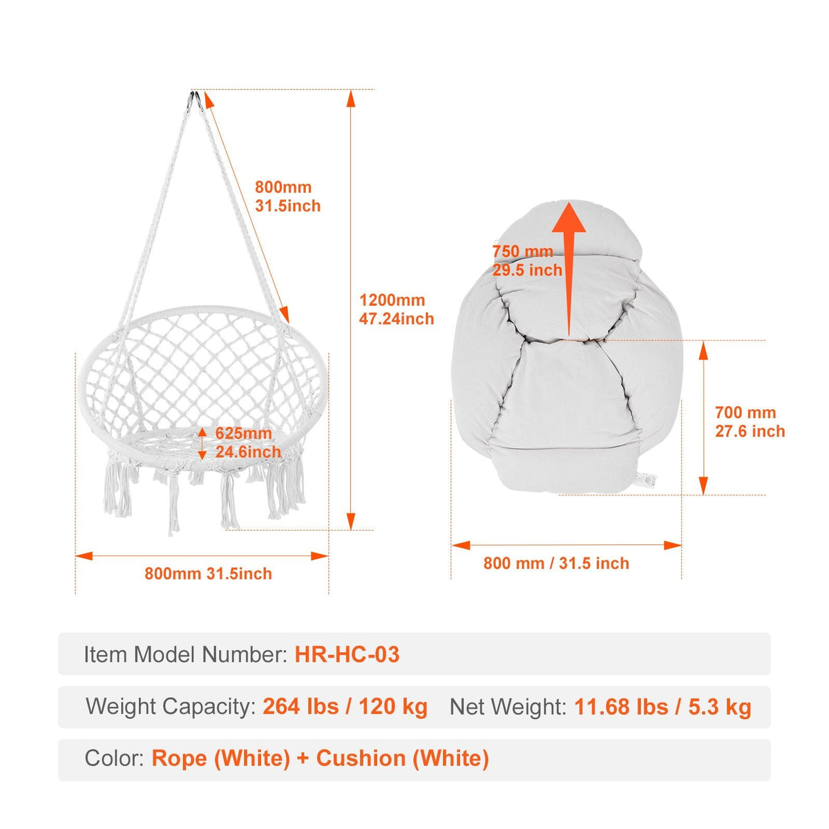 Hanging Hammock Swing Chair, Macramé Hanging Chair with Cushion and Mounting Hardware, Cotton Rope Swing Chair for Bedroom, Balcony, Patio, Garden, 264 lbs Capacity, White