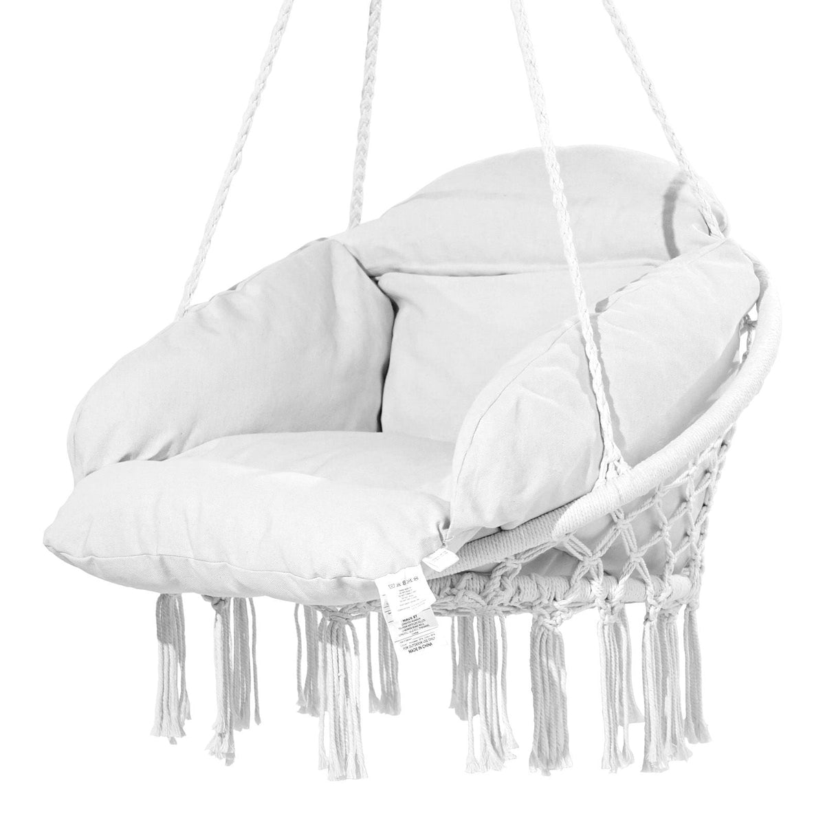 Hanging Hammock Swing Chair, Macramé Hanging Chair with Cushion and Mounting Hardware, Cotton Rope Swing Chair for Bedroom, Balcony, Patio, Garden, 264 lbs Capacity, White
