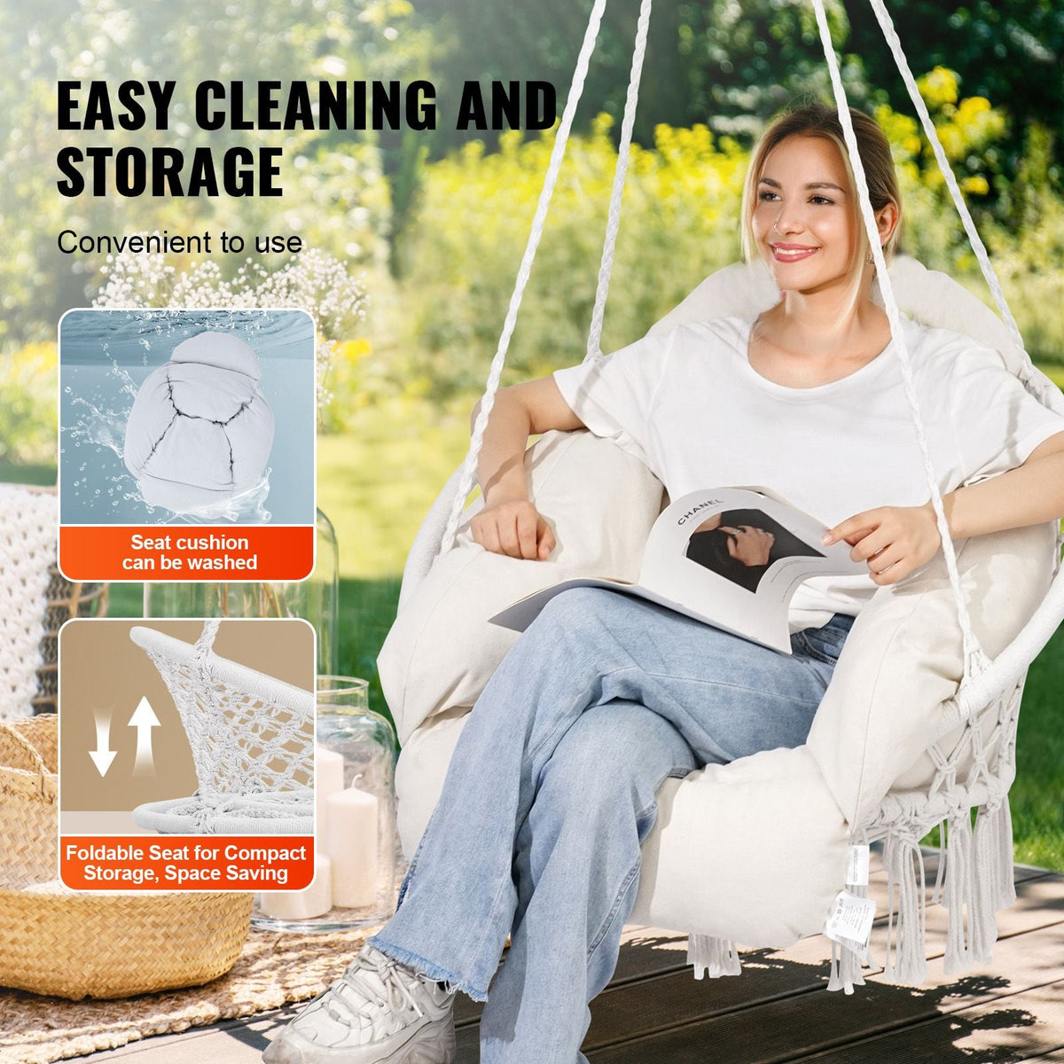 Hanging Hammock Swing Chair, Macramé Hanging Chair with Cushion and Mounting Hardware, Cotton Rope Swing Chair for Bedroom, Balcony, Patio, Garden, 264 lbs Capacity, White