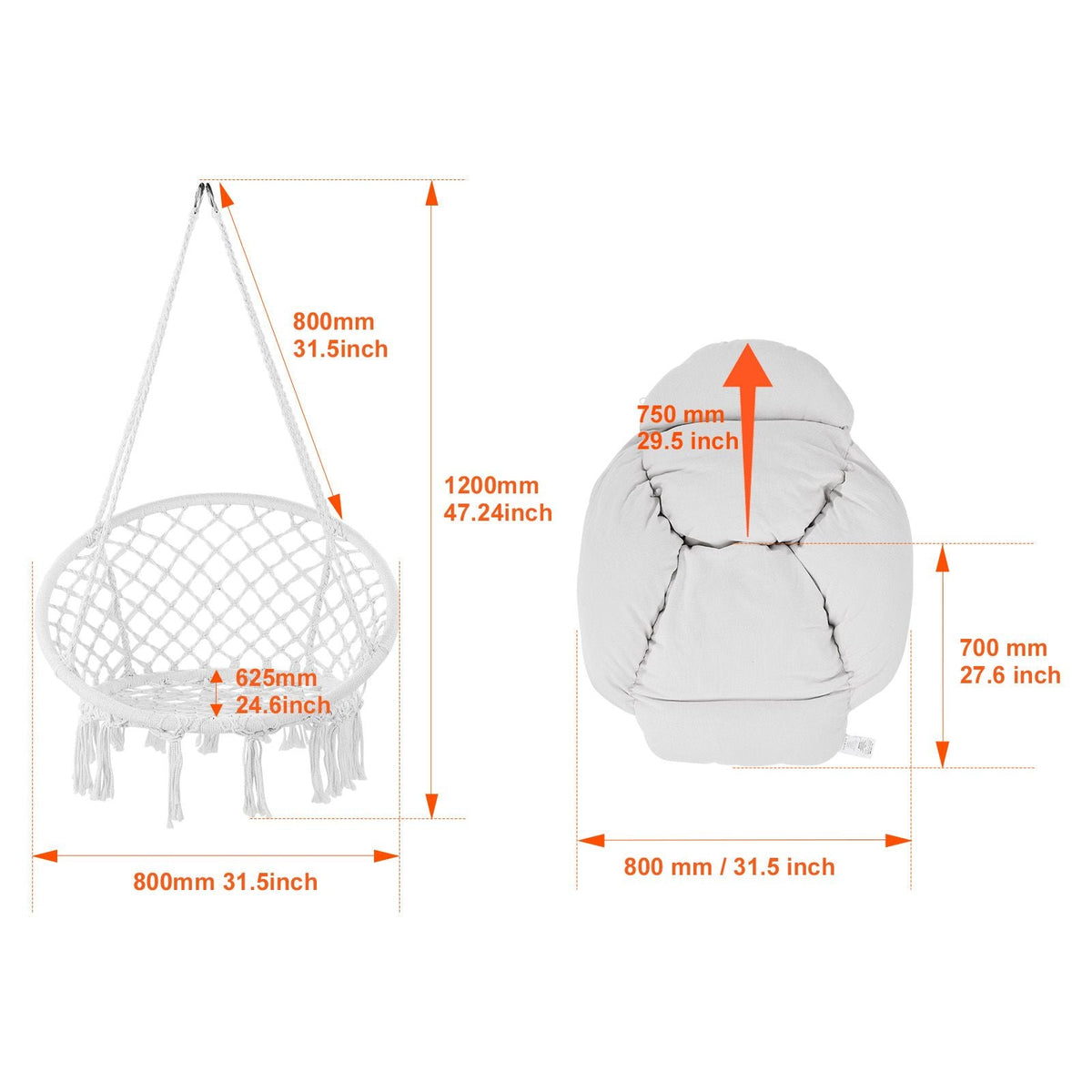 Hanging Hammock Swing Chair, Macramé Hanging Chair with Cushion and Mounting Hardware, Cotton Rope Swing Chair for Bedroom, Balcony, Patio, Garden, 264 lbs Capacity, White