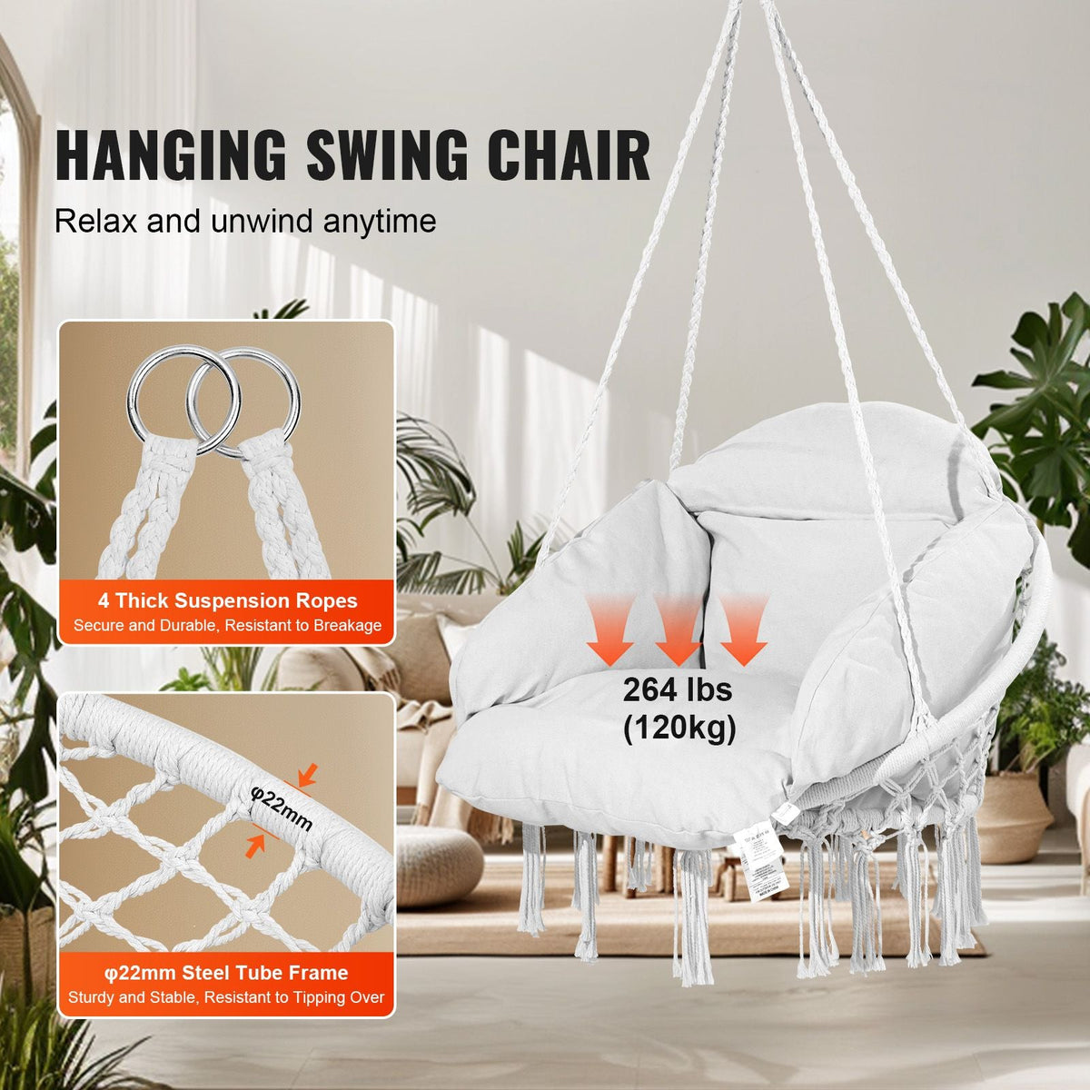 Hanging Hammock Swing Chair, Macramé Hanging Chair with Cushion and Mounting Hardware, Cotton Rope Swing Chair for Bedroom, Balcony, Patio, Garden, 264 lbs Capacity, White