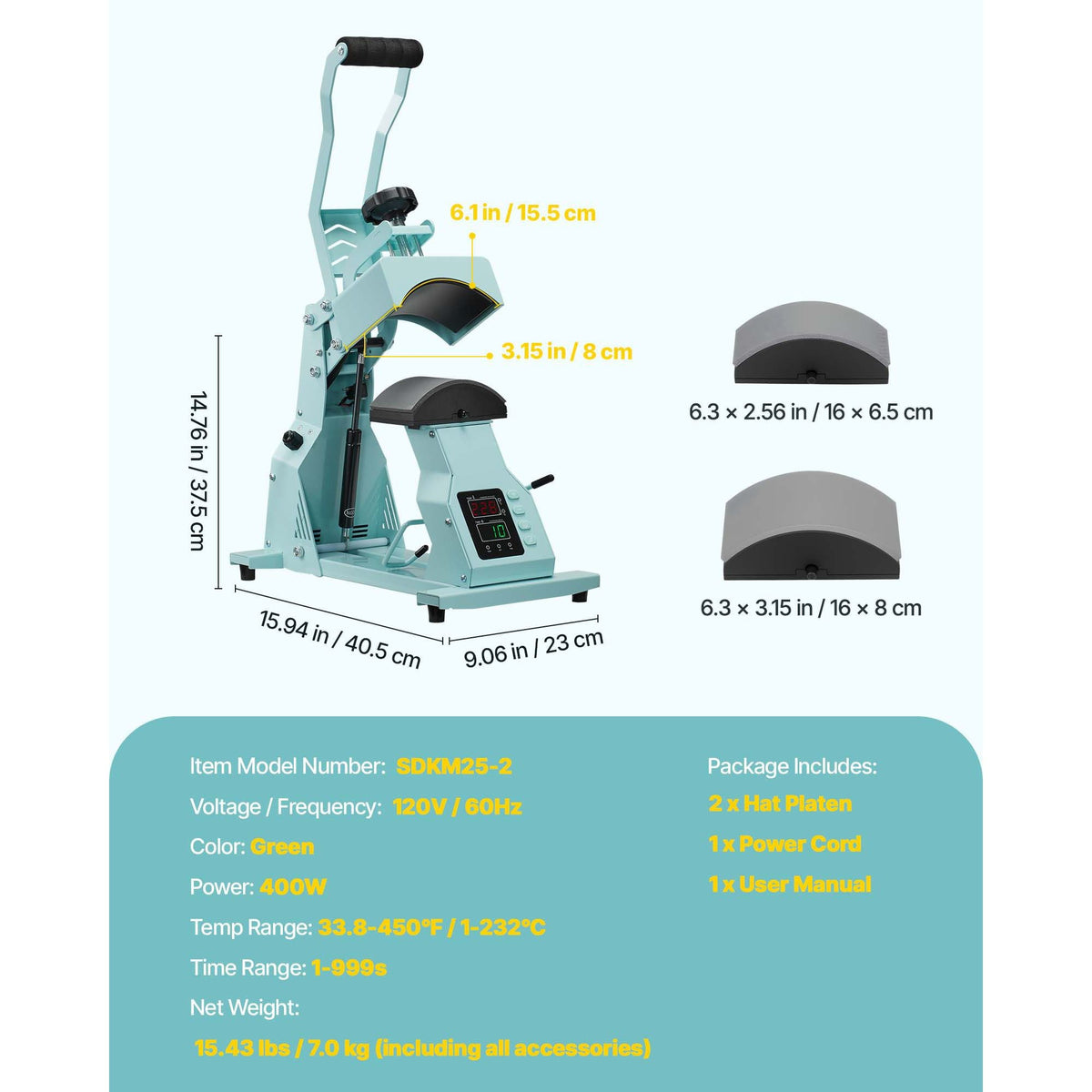 Hat Heat Press Machine, with 2pcs Interchangeable Platens, Precise Temperature and Time Control, Hat Press for HTV Iron On and Sublimation Projects, for Caps, Headbands, Cuffs, Face Masks, Green