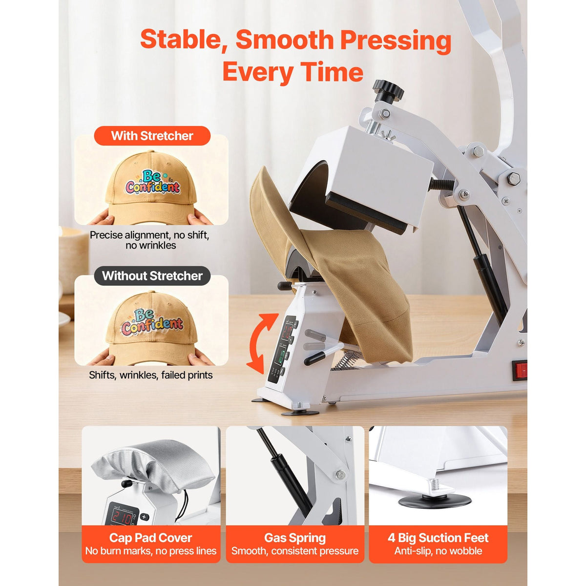 Hat Heat Press Machine, with 4 Interchangeable Platens and Caps Stretcher, Precise Temperature & Time Control, Heat Press for Hats and Caps, for HTV Iron On and Sublimation Projects, White
