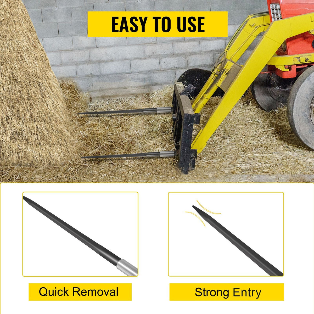Hay Spear 39\" Bale Spear 3600 lbs Capacity, Bale Spike Quick Attach Square Hay Bale Spears 1 3/4\", Black Coated Bale Forks, Bale Hay Spike with Hex Nut and Sleeve for Buckets Tractors Loaders