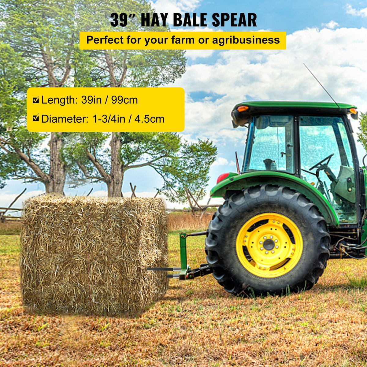 Hay Spear 39\" Bale Spear 3600 lbs Capacity, Bale Spike Quick Attach Square Hay Bale Spears 1 3/4\", Black Coated Bale Forks, Bale Hay Spike with Hex Nut and Sleeve for Buckets Tractors Loaders