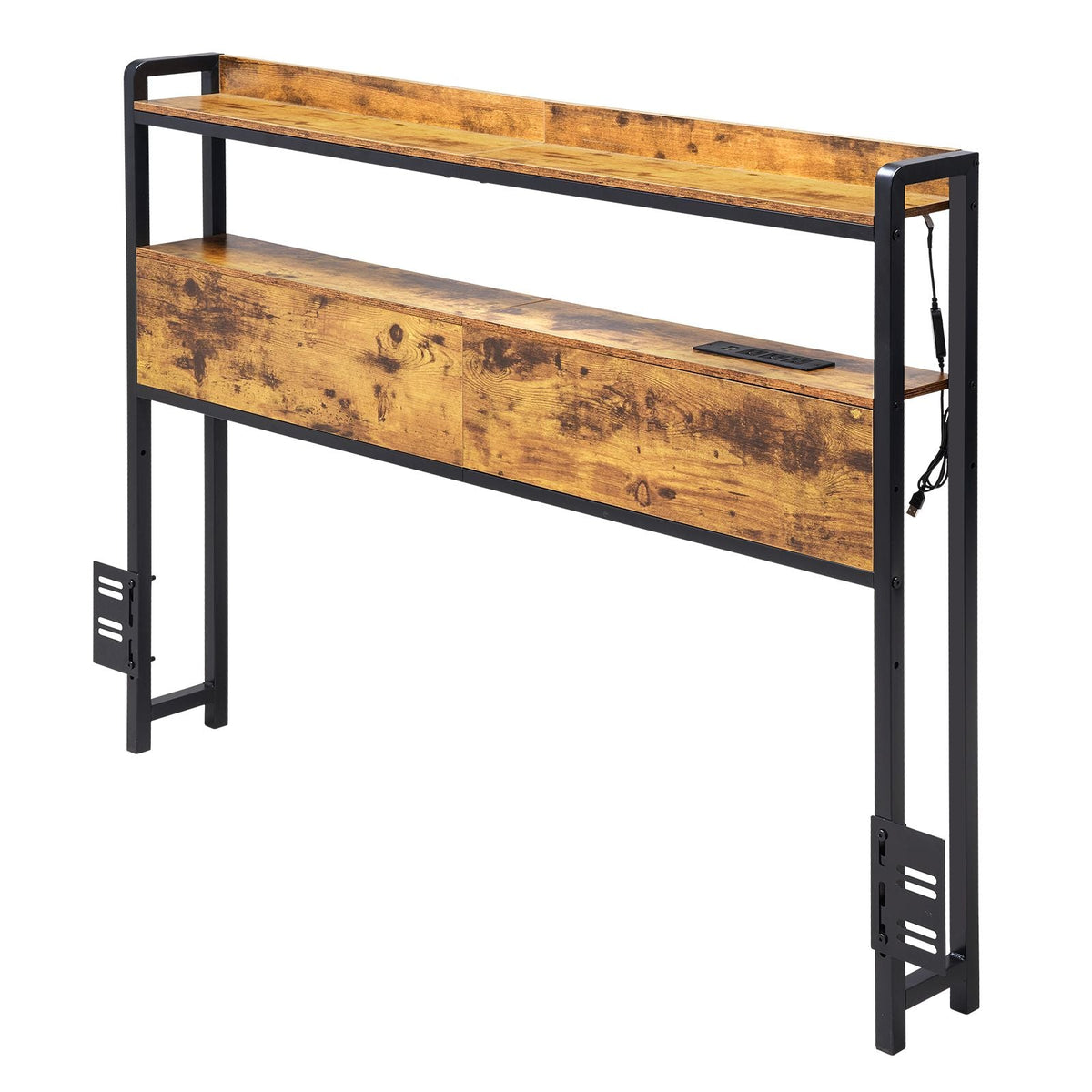 Headboard for Full Size Bed, Adjustable Height Headboard with 2 Shelves Storage, Freestanding Head Board with Charging Station and LED Light for Different Bed Frames, Easy Assembly, Brown