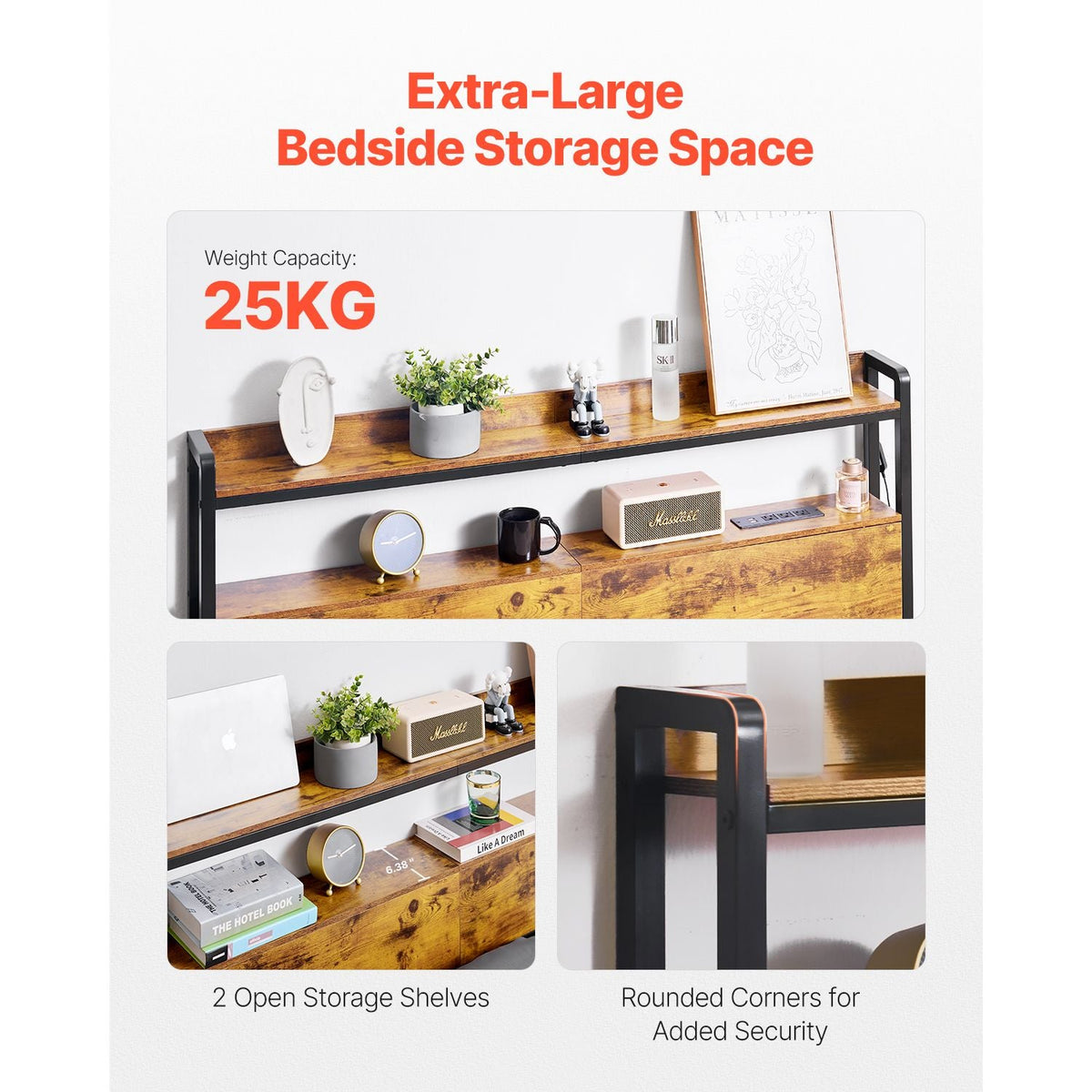 Headboard for Full Size Bed, Adjustable Height Headboard with 2 Shelves Storage, Freestanding Head Board with Charging Station and LED Light for Different Bed Frames, Easy Assembly, Brown