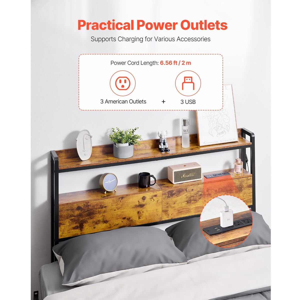 Headboard for Full Size Bed, Adjustable Height Headboard with 2 Shelves Storage, Freestanding Head Board with Charging Station and LED Light for Different Bed Frames, Easy Assembly, Brown