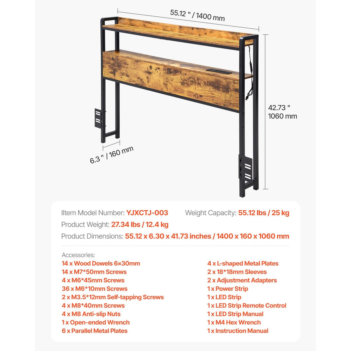 Headboard for Full Size Bed, Adjustable Height Headboard with 2 Shelves Storage, Freestanding Head Board with Charging Station and LED Light for Different Bed Frames, Easy Assembly, Brown