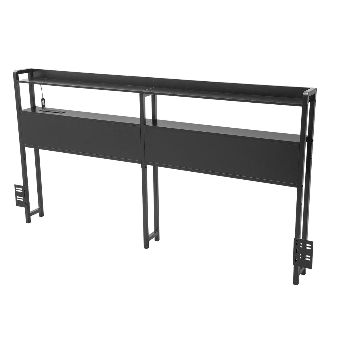 Headboard for King Size Bed, Adjustable Height Headboard with 2 Shelves Storage, Freestanding Head Board with Charging Station and LED Light for Different Bed Frames, Easy Assembly, Black