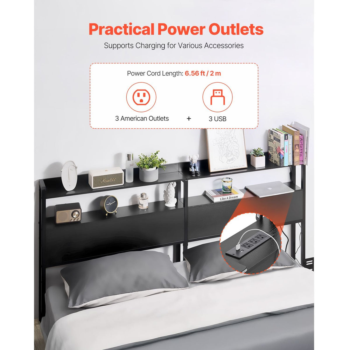 Headboard for King Size Bed, Adjustable Height Headboard with 2 Shelves Storage, Freestanding Head Board with Charging Station and LED Light for Different Bed Frames, Easy Assembly, Black