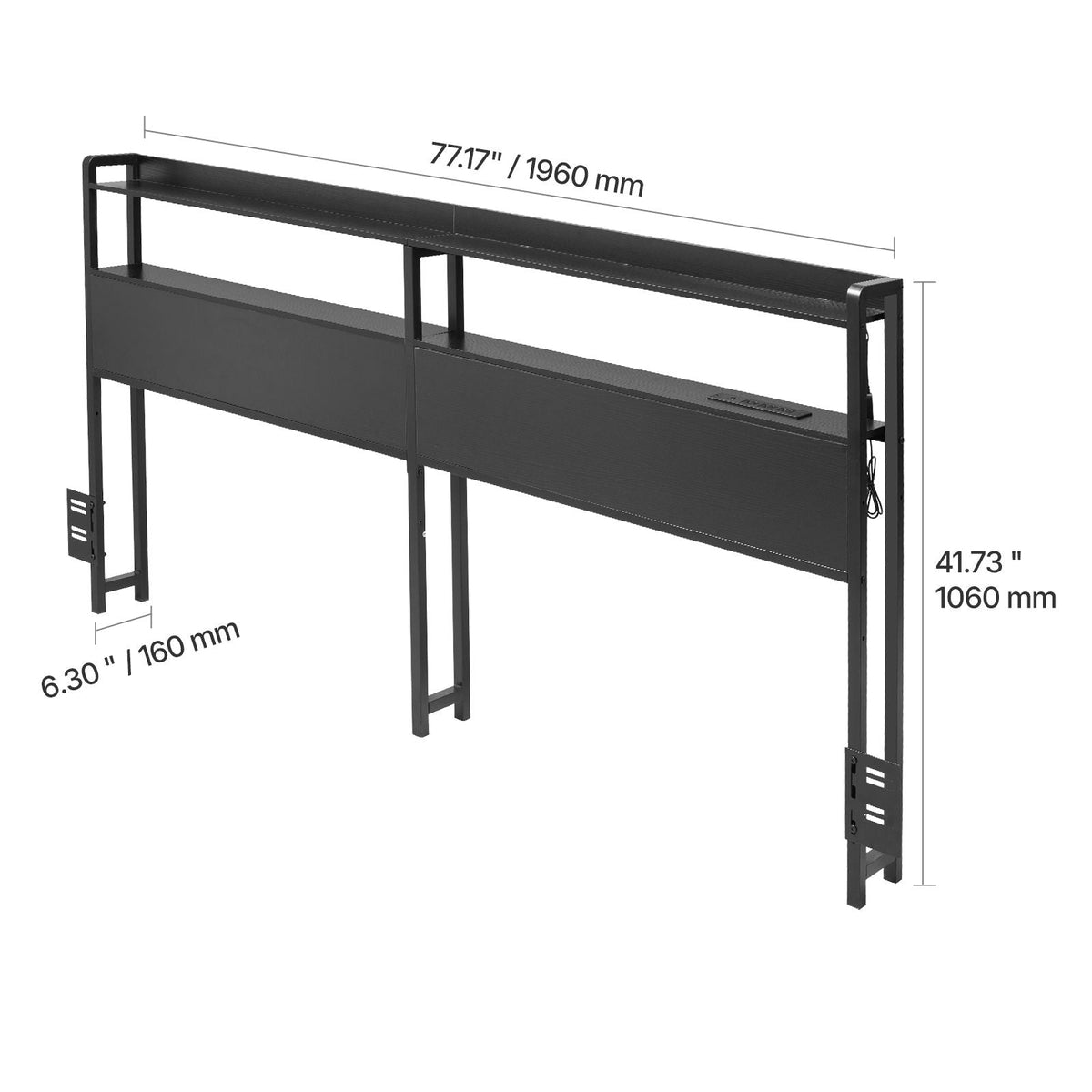 Headboard for King Size Bed, Adjustable Height Headboard with 2 Shelves Storage, Freestanding Head Board with Charging Station and LED Light for Different Bed Frames, Easy Assembly, Black