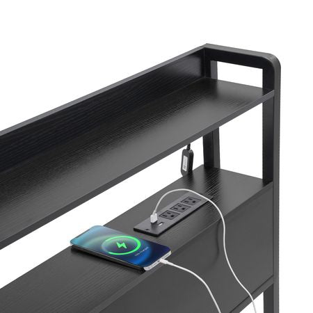 Headboard for King Size Bed, Adjustable Height Headboard with 2 Shelves Storage, Freestanding Head Board with Charging Station and LED Light for Different Bed Frames, Easy Assembly, Black
