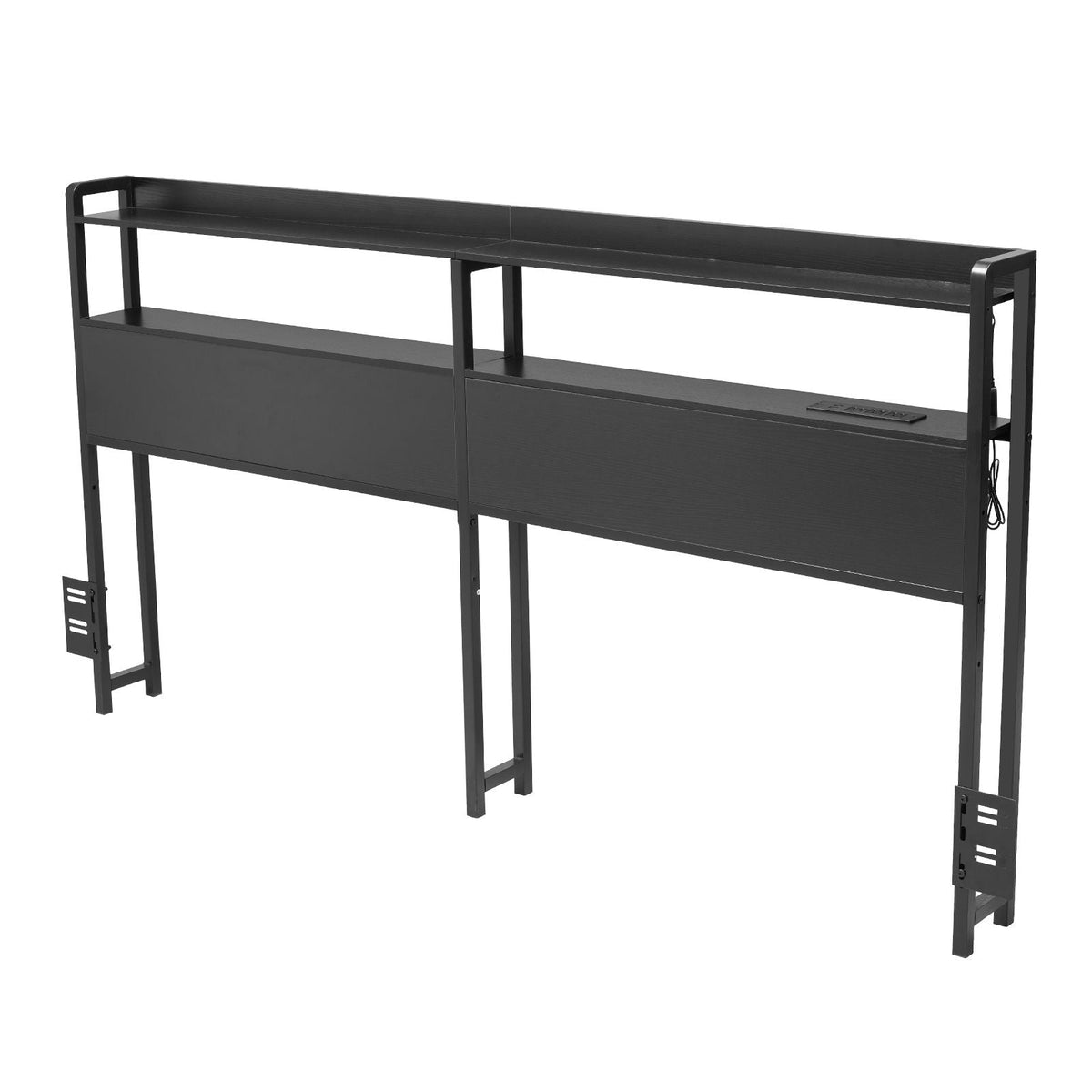 Headboard for King Size Bed, Adjustable Height Headboard with 2 Shelves Storage, Freestanding Head Board with Charging Station and LED Light for Different Bed Frames, Easy Assembly, Black