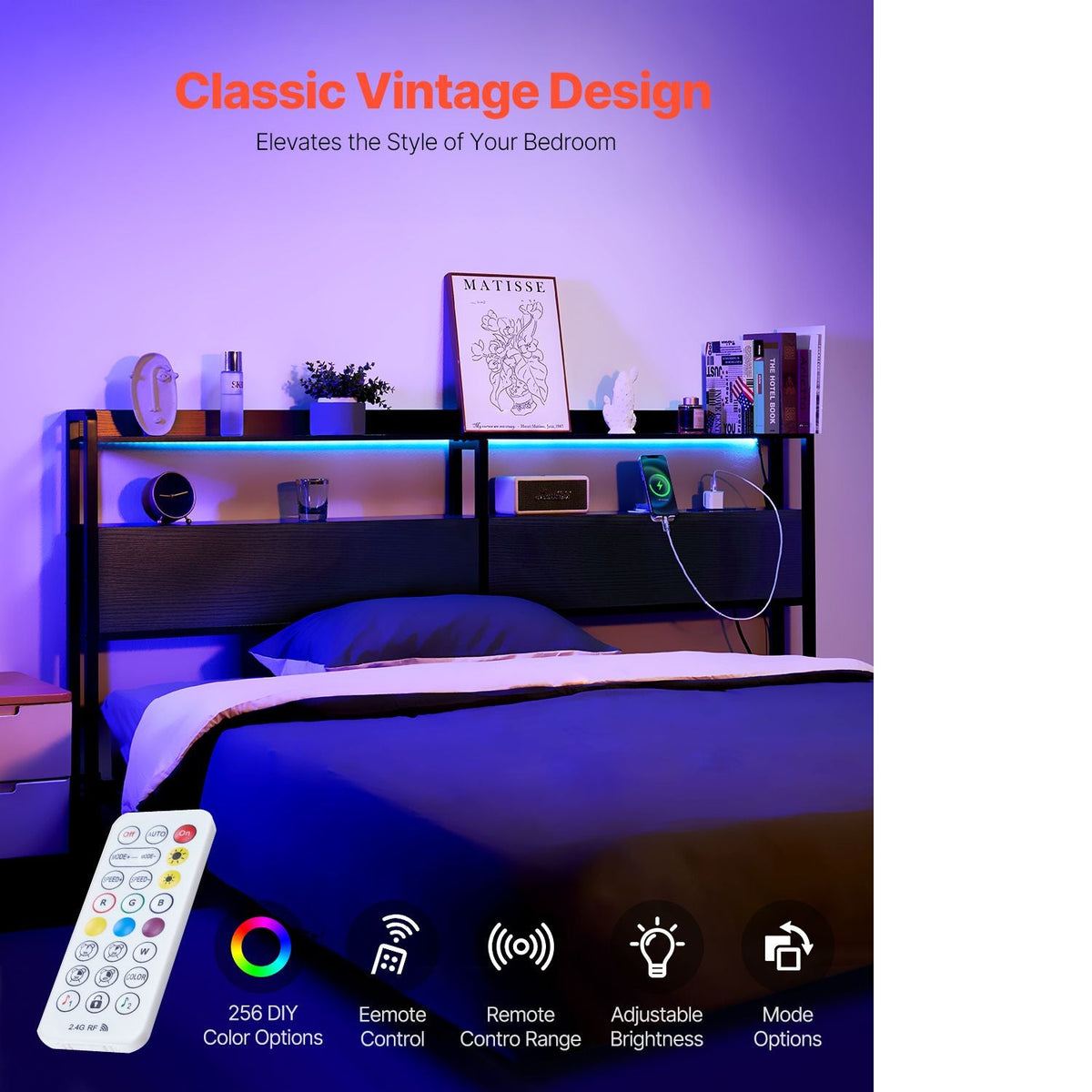 Headboard for King Size Bed, Adjustable Height Headboard with 2 Shelves Storage, Freestanding Head Board with Charging Station and LED Light for Different Bed Frames, Easy Assembly, Black