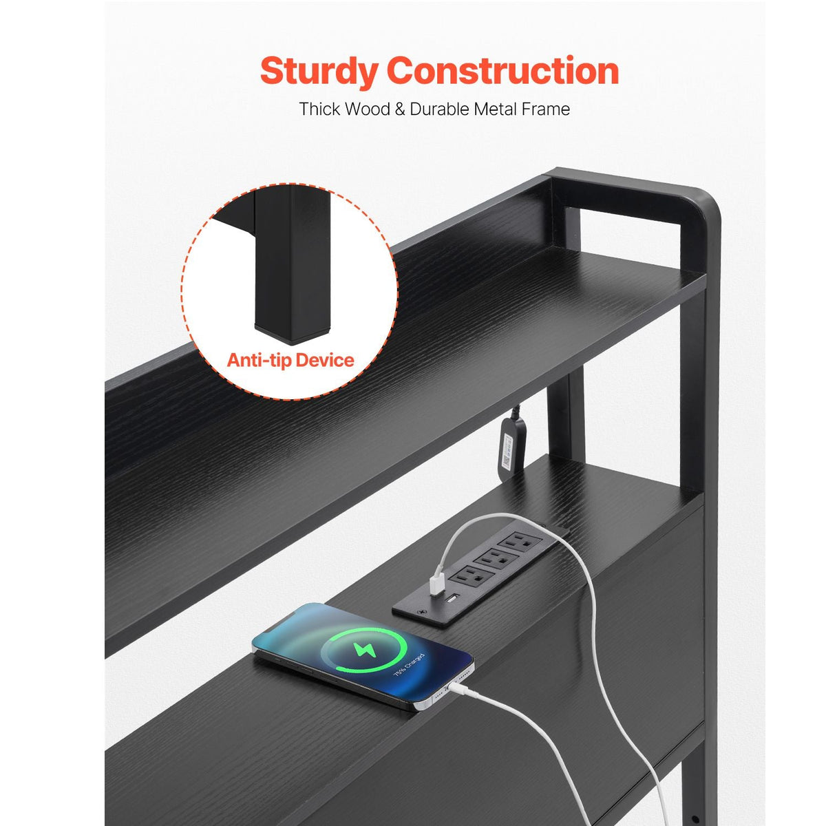 Headboard for King Size Bed, Adjustable Height Headboard with 2 Shelves Storage, Freestanding Head Board with Charging Station and LED Light for Different Bed Frames, Easy Assembly, Black