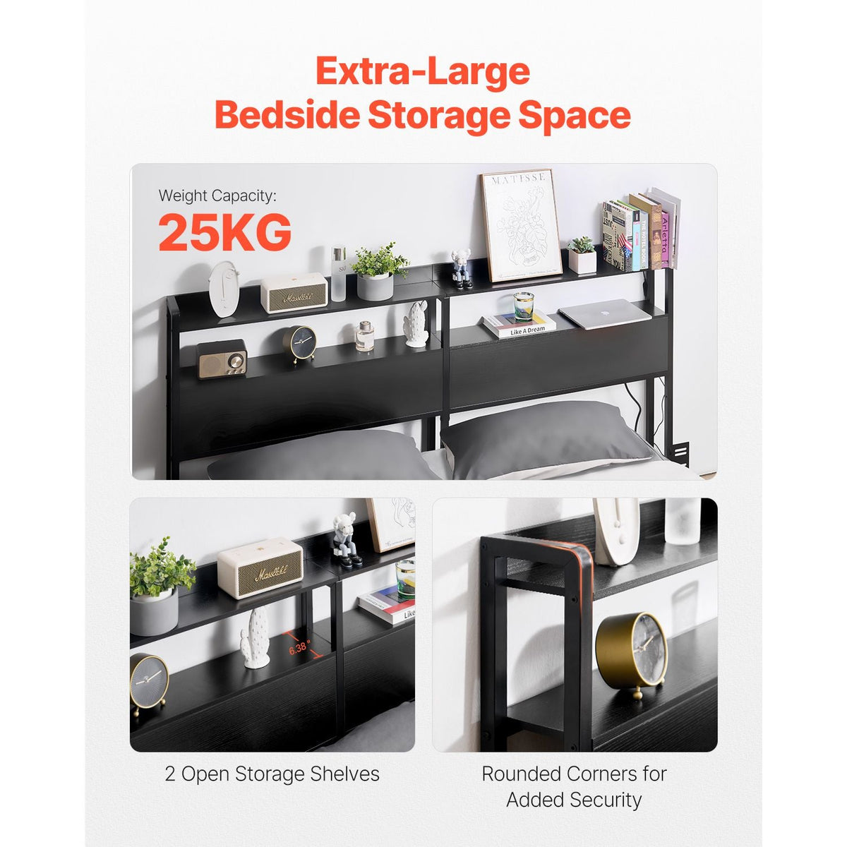 Headboard for King Size Bed, Adjustable Height Headboard with 2 Shelves Storage, Freestanding Head Board with Charging Station and LED Light for Different Bed Frames, Easy Assembly, Black