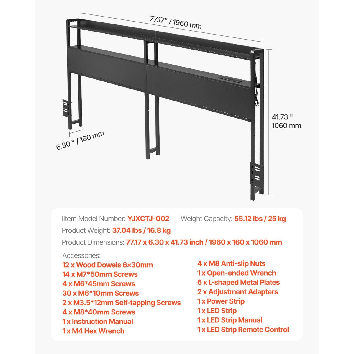 Headboard for King Size Bed, Adjustable Height Headboard with 2 Shelves Storage, Freestanding Head Board with Charging Station and LED Light for Different Bed Frames, Easy Assembly, Black