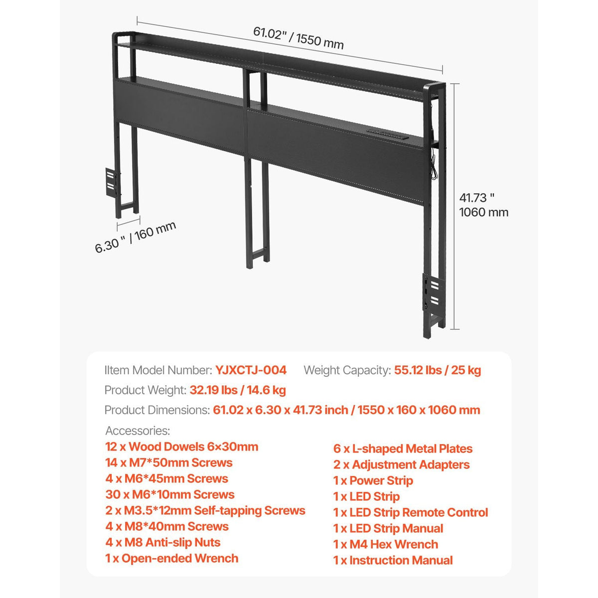 Headboard for Queen Size Bed, Adjustable Height Headboard with 2 Shelves Storage, Freestanding Head Board with Charging Station and LED Light for Different Bed Frames, Easy Assembly, Black