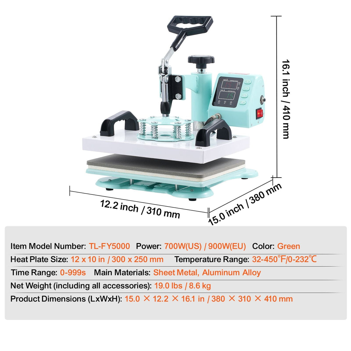 Heat Press, 12 x 10inch Heat Press Machine, 360° Swing Away T-Shirt Pressing Machine, Fast and Even Heating, Digital Precise Control, Heat Transfer Machine for T-Shirts/Pillows/Bags, Green