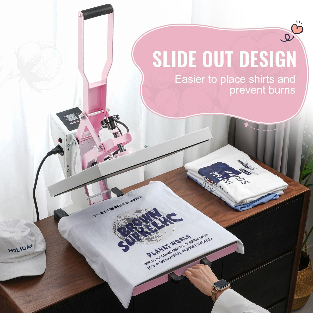 Heat Press, 15 x 15 inch Digital Heat Press Machine, Slide Out Heat Transfer Machine, Fast and Even Heating, 2-Layer Insulation Cotton, Heat Transfer Machine for T-Shirts/Pillows/Bags, Pink