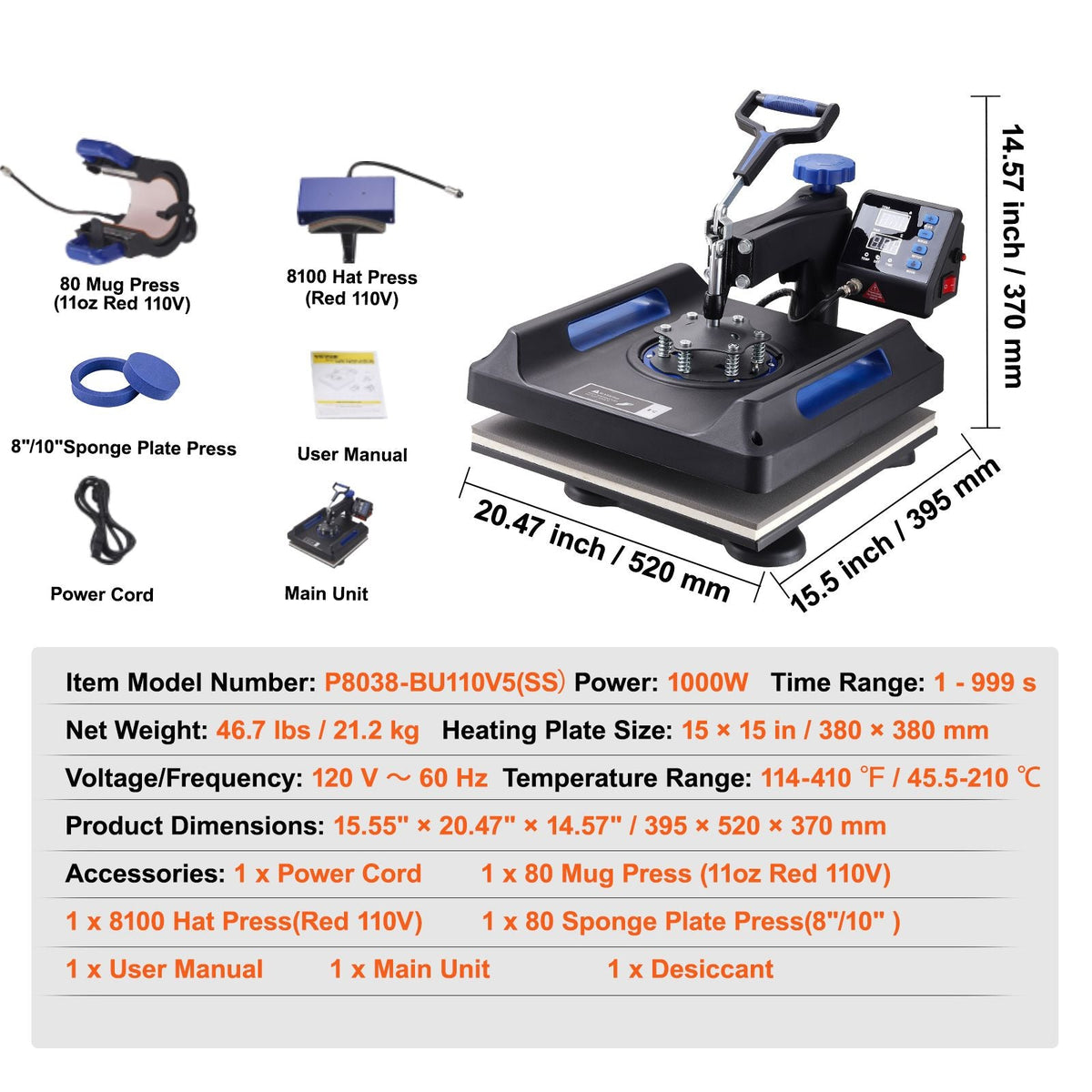 Heat Press 15x15, Upgraded Heat Press Machine 5 in 1, Anti-Scald, Fast-Heating, Swing Away Digital Control Multifunction Heat Press for Sublimation Combo for T-Shirt Hat Cap Mug Plate