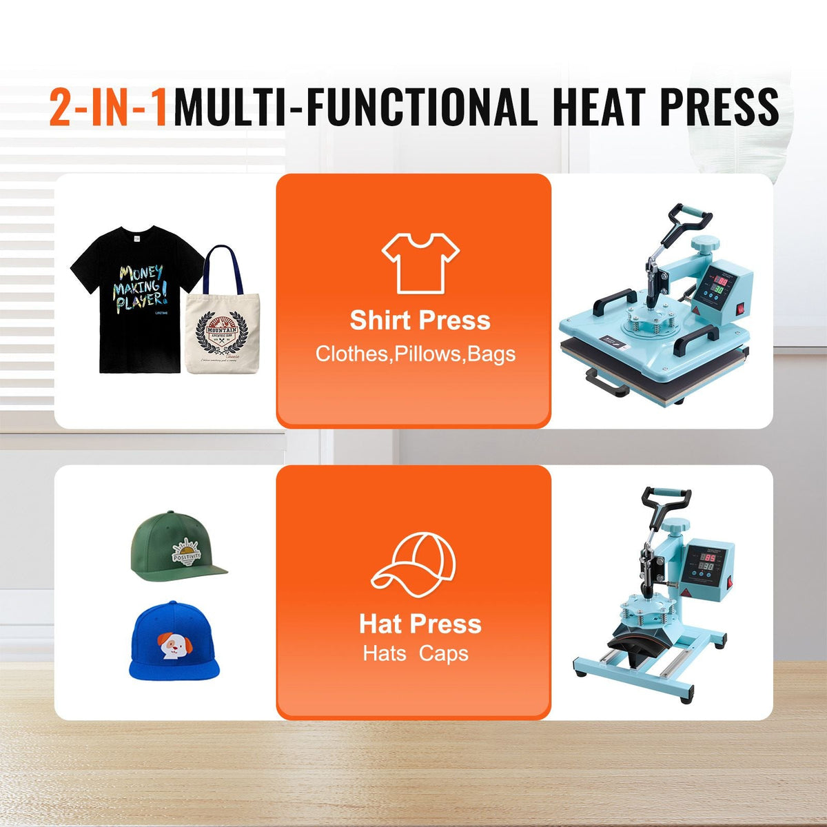 Heat Press Machine, 12 x 15 inch, 2 in 1 Heat Transfer Machine with Hat Press, 360° Swing Away T-Shirt Pressing Machine, Digital Precise Control, Fast Even Heating for T-Shirts/Hats/Caps, Green
