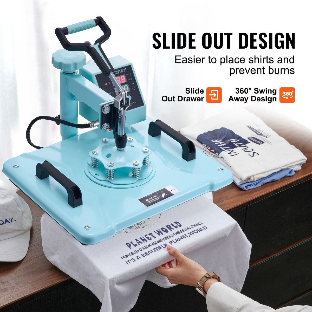 Heat Press Machine, 12 x 15 inch, 2 in 1 Heat Transfer Machine with Hat Press, 360° Swing Away T-Shirt Pressing Machine, Digital Precise Control, Fast Even Heating for T-Shirts/Hats/Caps, Green