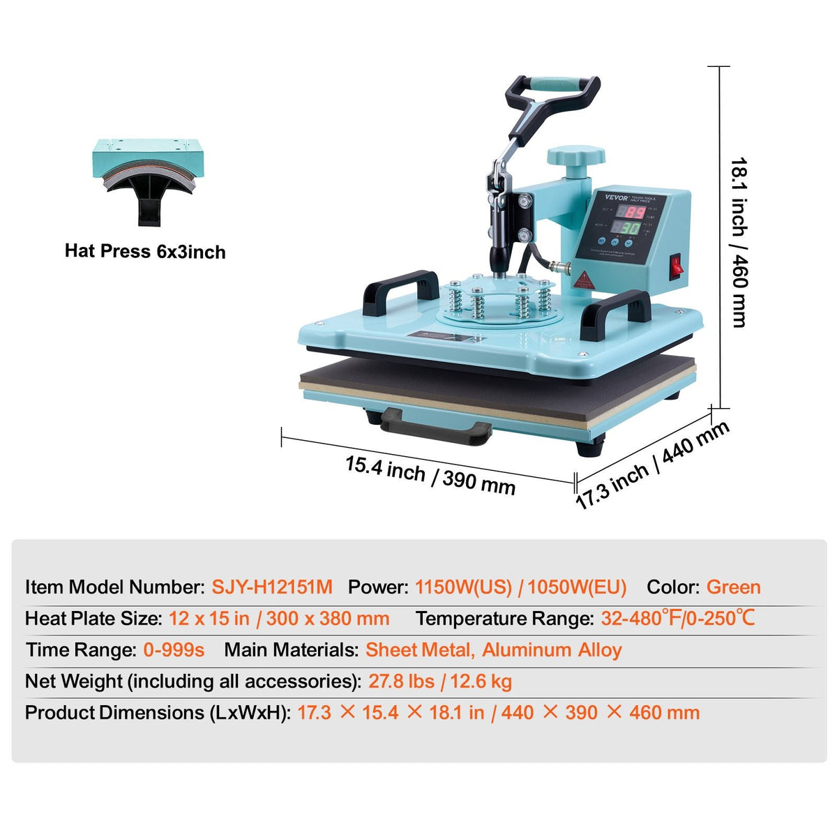 Heat Press Machine, 12 x 15 inch, 2 in 1 Heat Transfer Machine with Hat Press, 360° Swing Away T-Shirt Pressing Machine, Digital Precise Control, Fast Even Heating for T-Shirts/Hats/Caps, Green