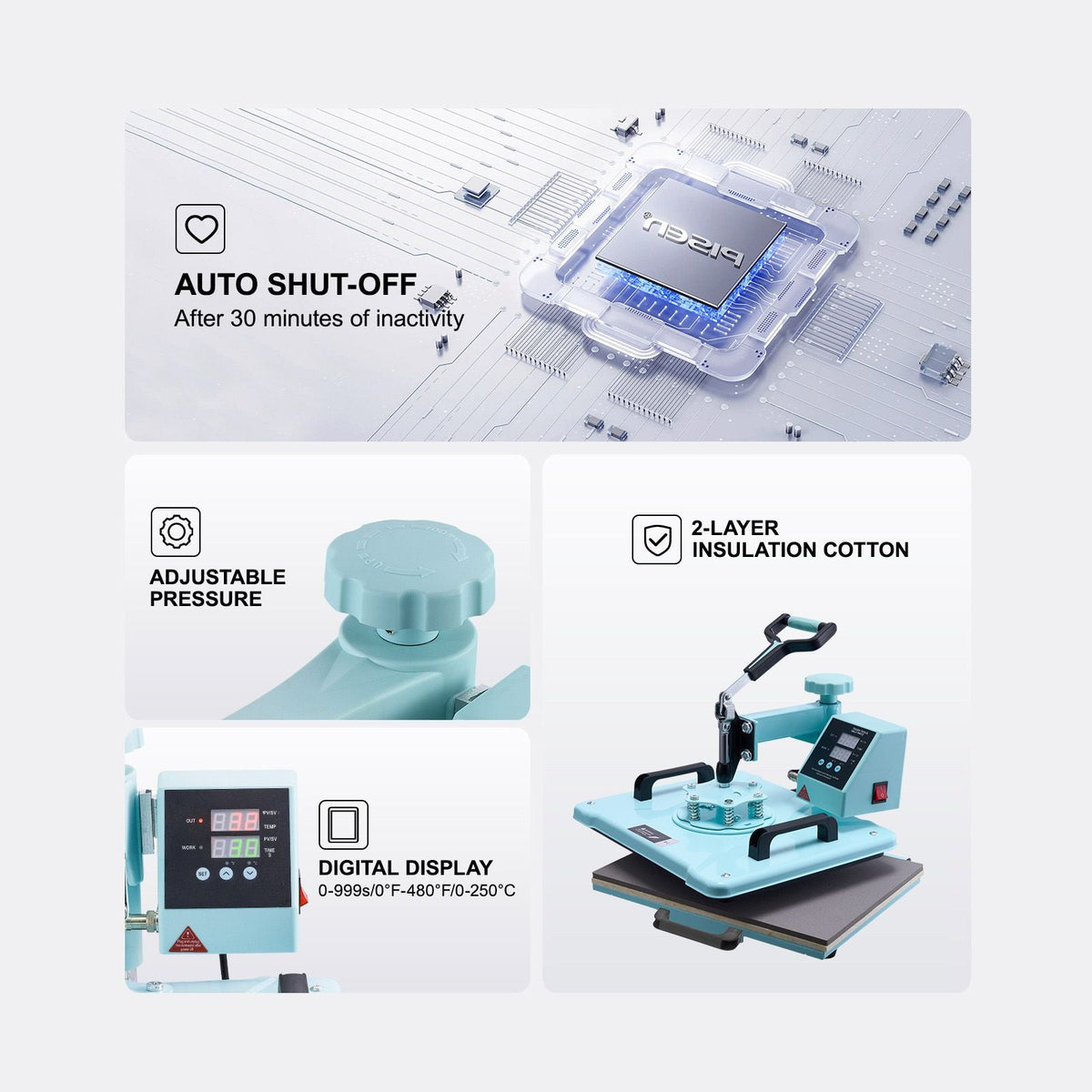 Heat Press Machine, 12 x 15 inch, 2 in 1 Heat Transfer Machine with Hat Press, 360° Swing Away T-Shirt Pressing Machine, Digital Precise Control, Fast Even Heating for T-Shirts/Hats/Caps, Green